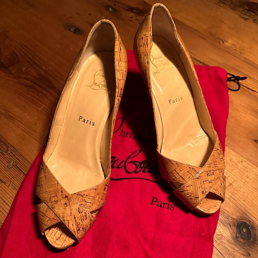 Christian Louboutin Shelley 85mm Cork Stiletto Peep Toe Pumps EU 37 US 7 / 6.5 - Picture 3 of 8